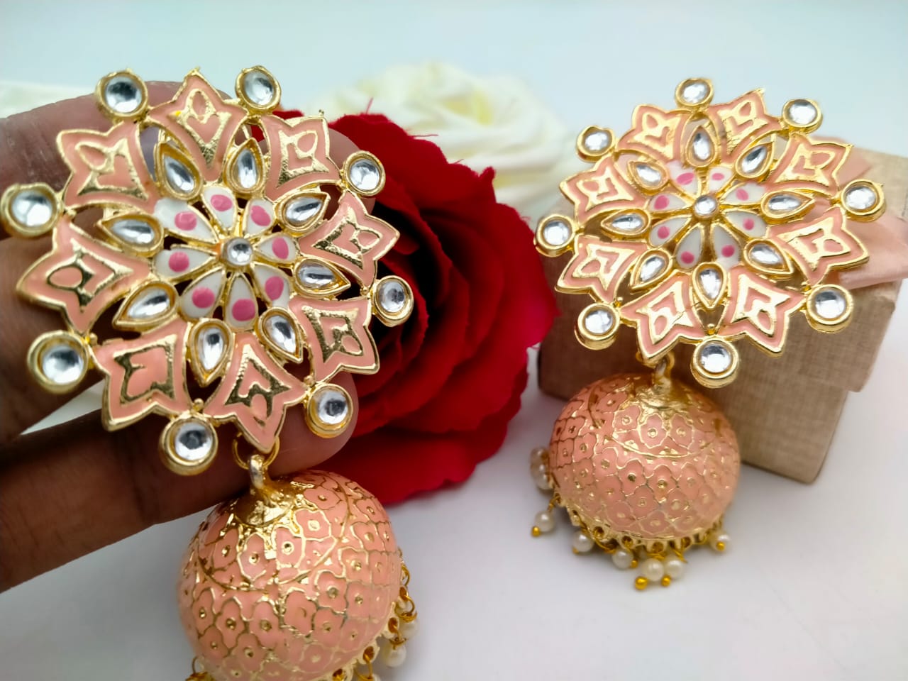 Stylish Ethnic Peach Color Gold Plated Jhumki Earrings for Women