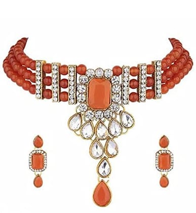 Nakoda Art Jewellery Orange Beads Square Kundan Choker Necklace Set with Earrings