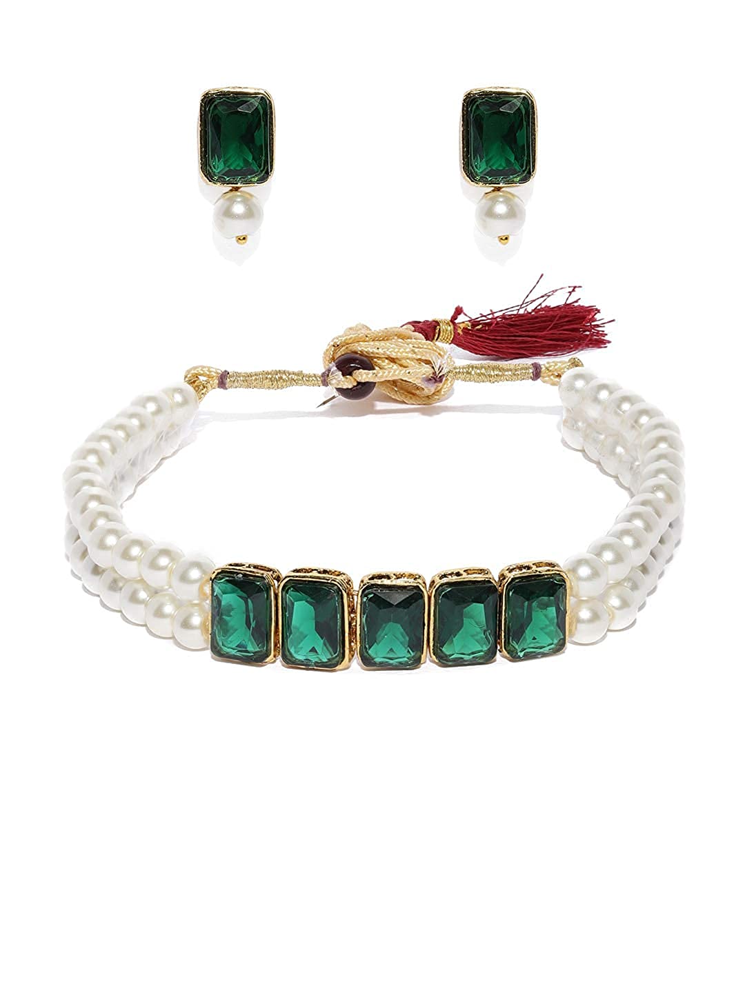 Gold Plated Traditional Crystal Stone Pearl Studded Choker Necklace Jewellery Set for Women (Green)