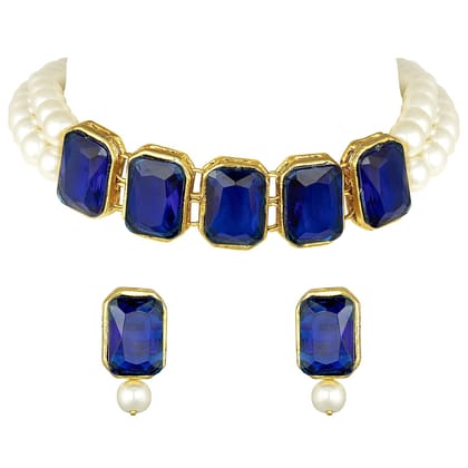 Gold Plated Traditional Crystal Stone Pearl Studded Choker Necklace Jewellery Set for Women (Blue)