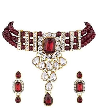 Nakoda Art Jewellery Maroon Beads Kundan Choker Necklace Set with Earrings