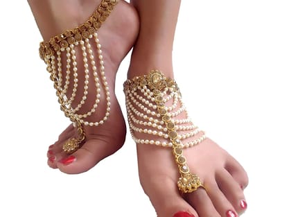 Nakoda Art Jewellery Traditional Kundan Pearls Stone Fancy Stylish antiq  Gold Plated Payal/Anklet/Pajeb/Payjeb/Painjan/Ghungroo/Anklet Bracelet/Pattilu for Women and Girls