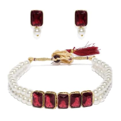 Gold Plated Traditional Crystal Stone Pearl Studded Choker Necklace Jewellery Set for Women (Red)