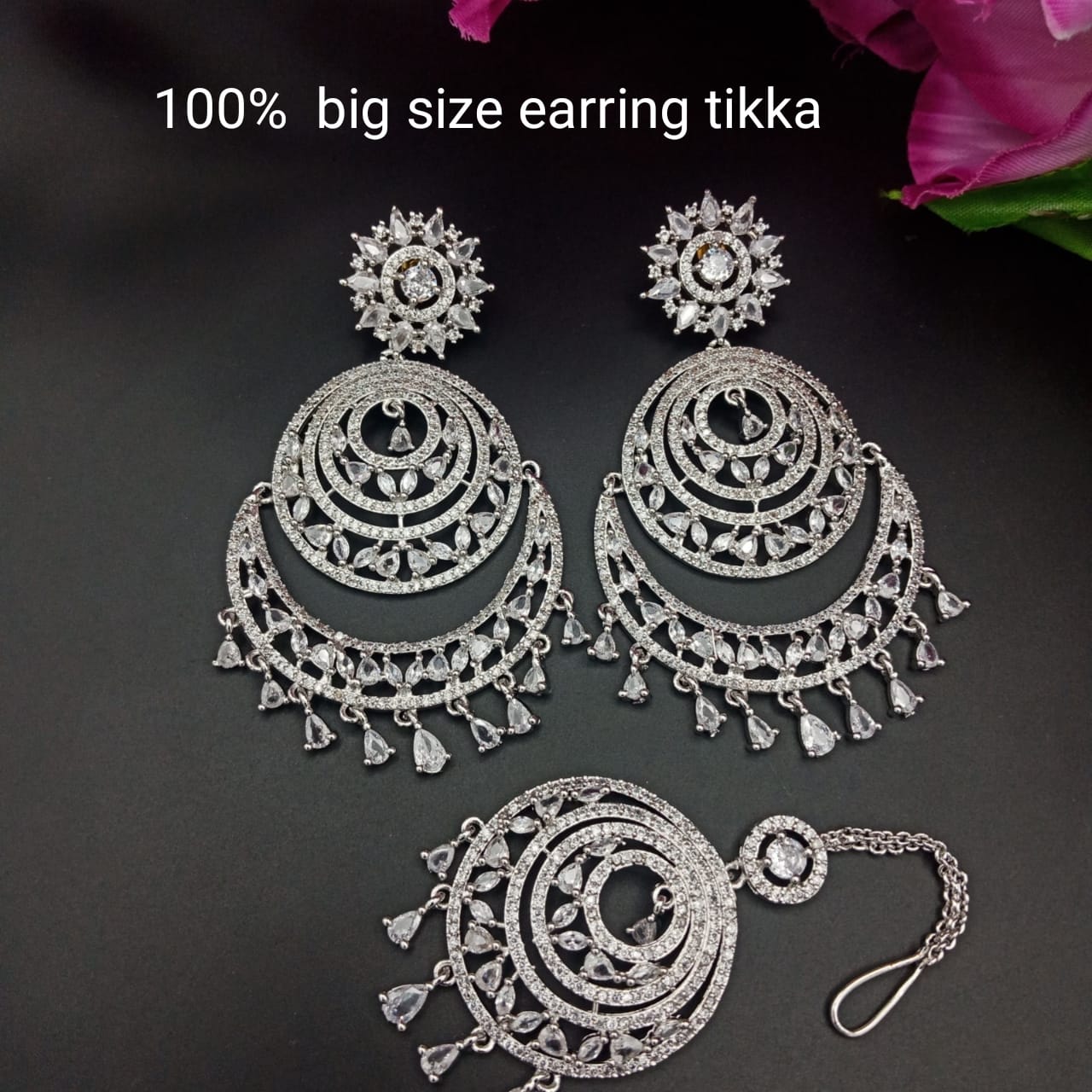 Rodhium plated SMALL SIZE  Chand earring with maangtika