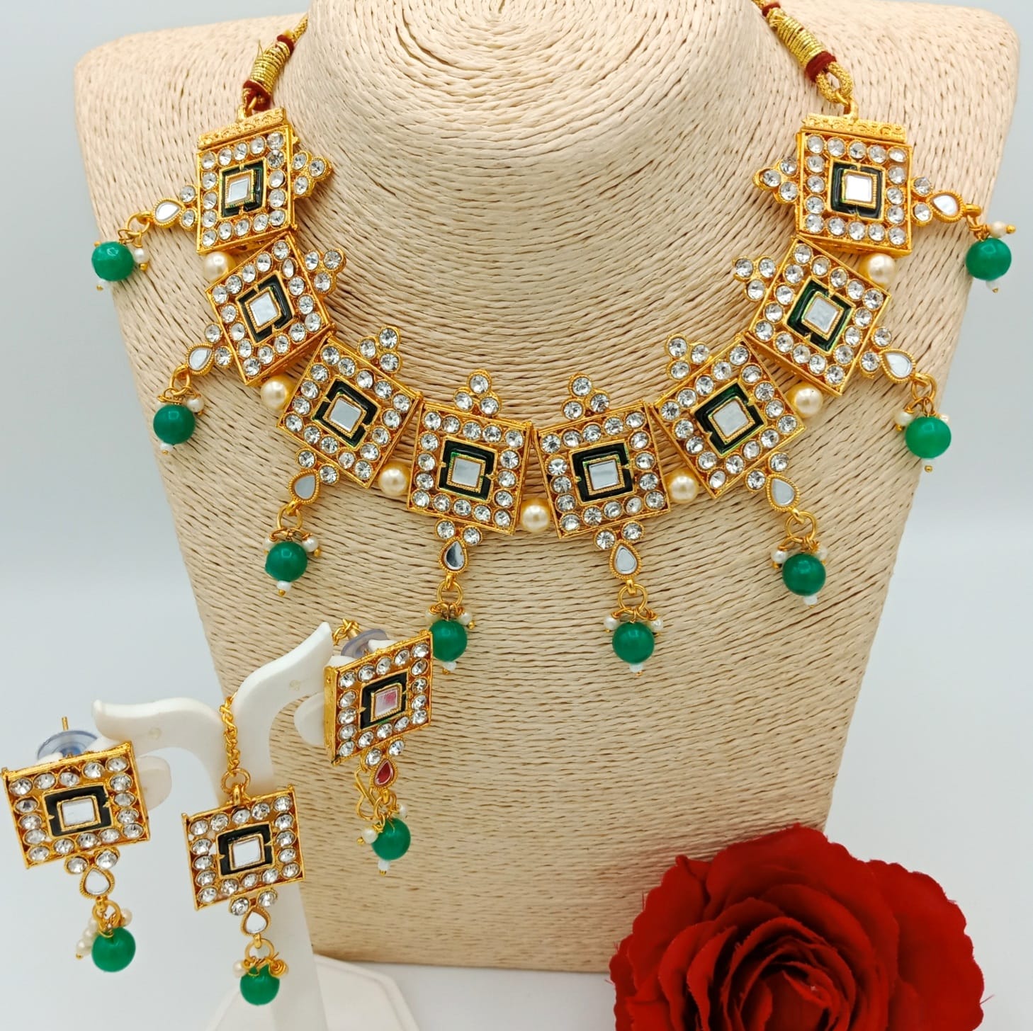 Ethnic Bridal  Gold Plated Green Meenakari necklace set with earings and maangtika.