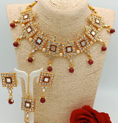 Ethnic Bridal Gold Plated Mroon Meenakari necklace set with earings and maangtika.