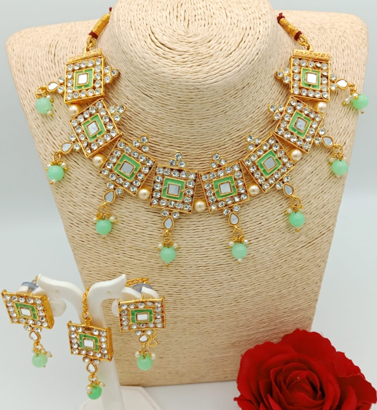 Ethnic Bridal Gold Plated Mint Green Meenakari necklace set with earings and maangtika.