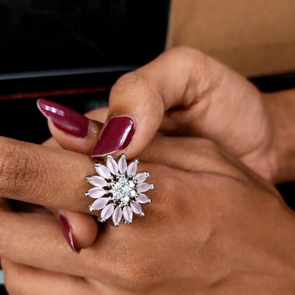 Rhodium Finger Ring Baby Pink Stoned