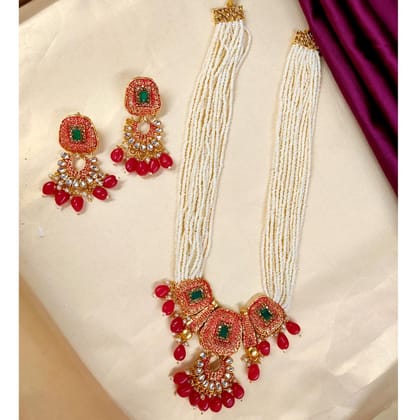 Pearl Mala With Kundan Red Pendant Online