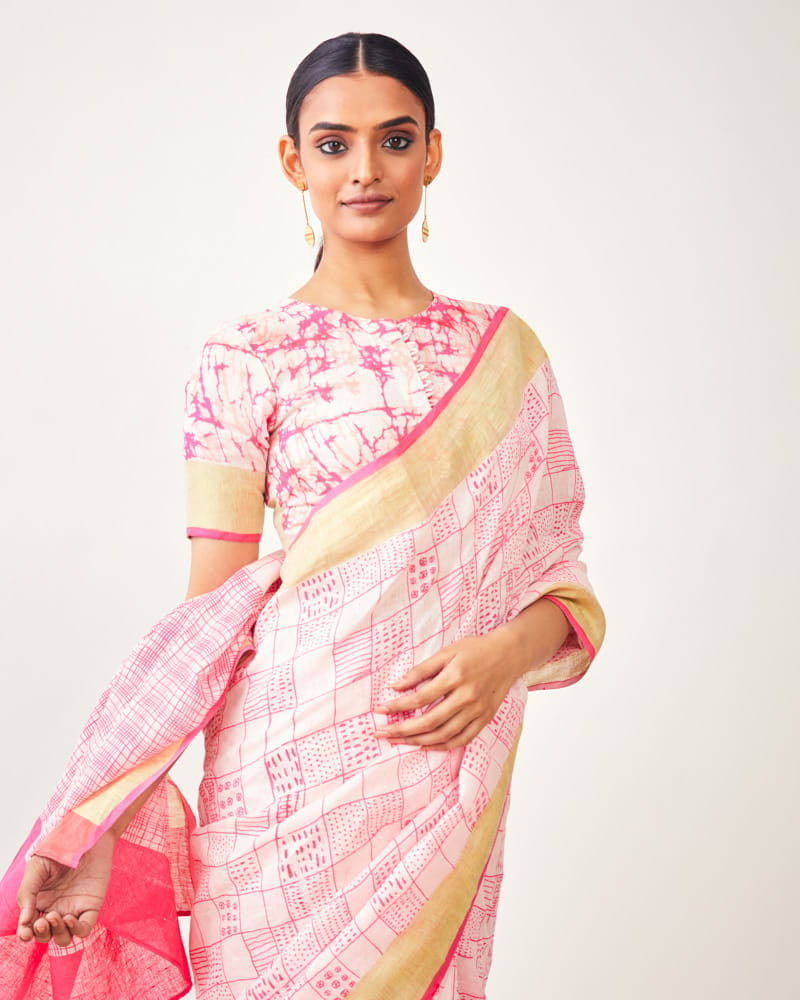 Rani Pink Pure Linen Print With Golden Border Saree