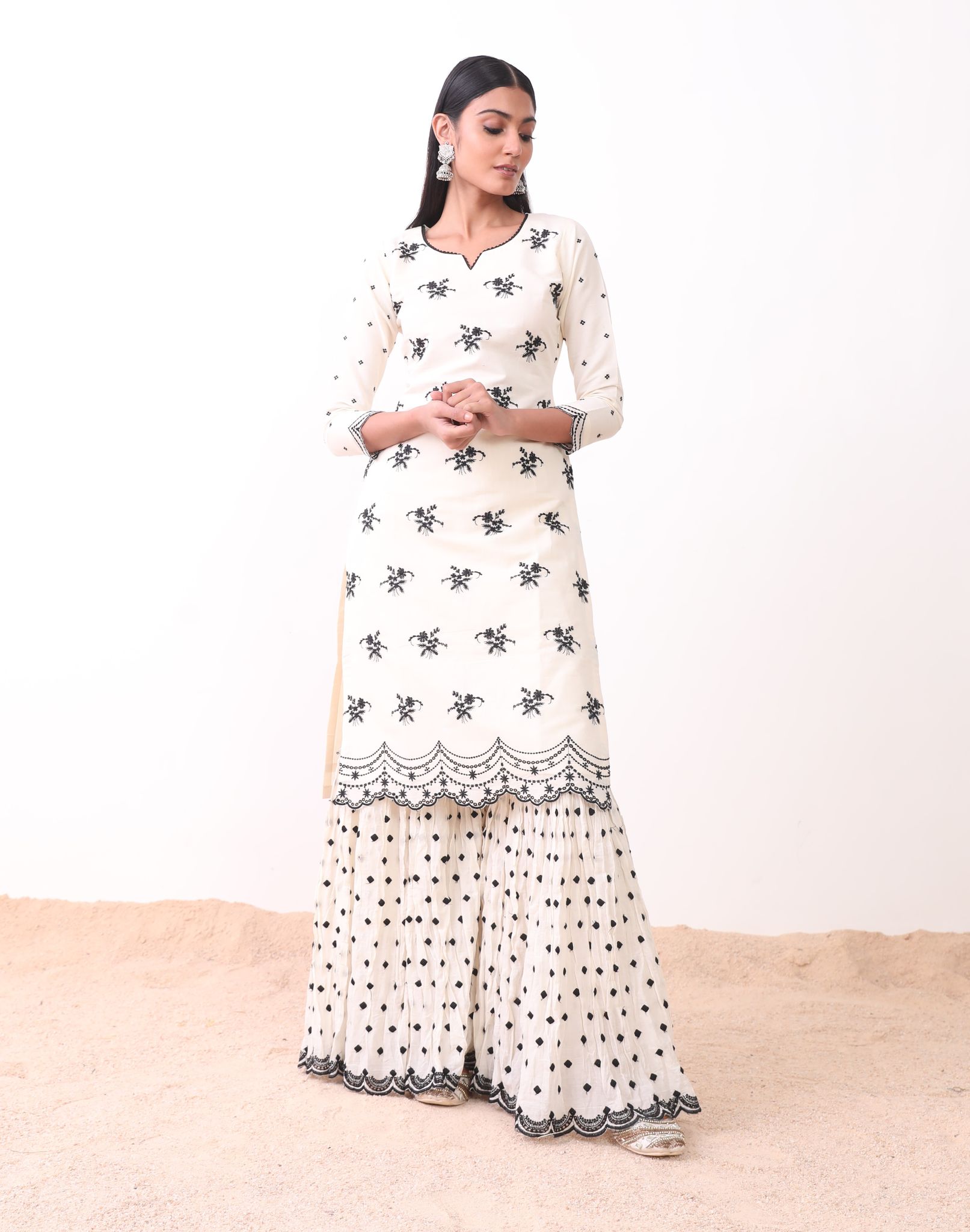 Kora & Black Cotton Embroidered Kurti