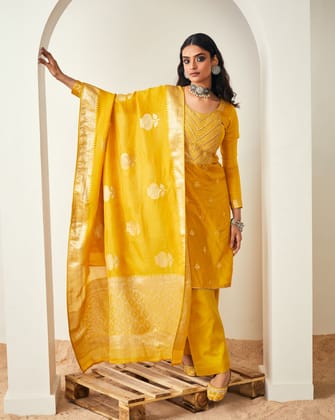 Mustard Dola Silk Badla Buti Suit Set