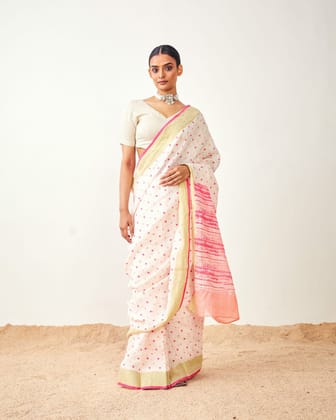 Polka Dot Pure Linen Printed With Golden Border Saree