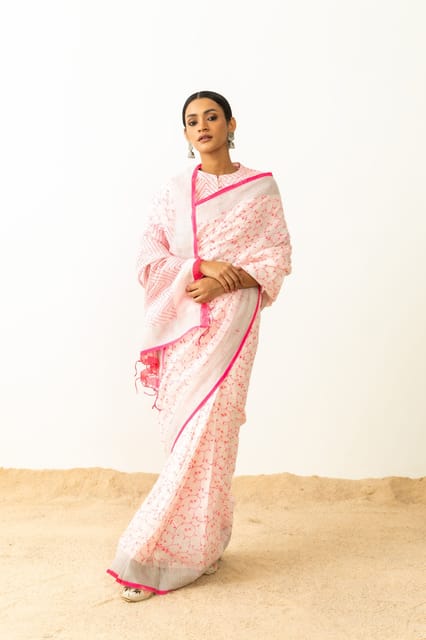 Linen slub saree with silver zari border design