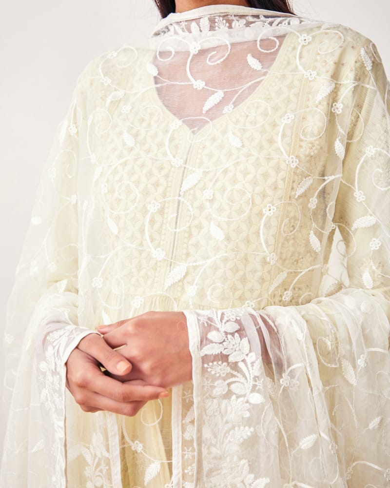 White Leaves Work Embroidered Chiffon Dupatta