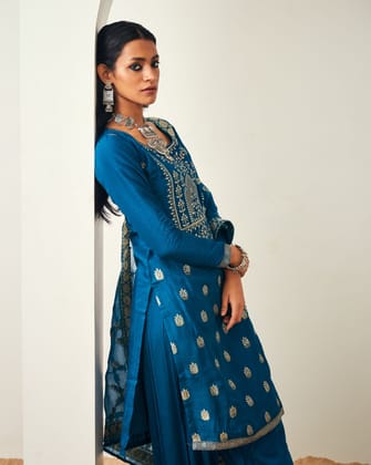 Peacock Blue Dola Silk Unstitched Suit Set