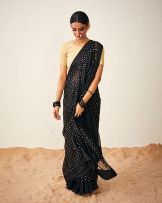 Chinon Satain Patta Foil Print Saree