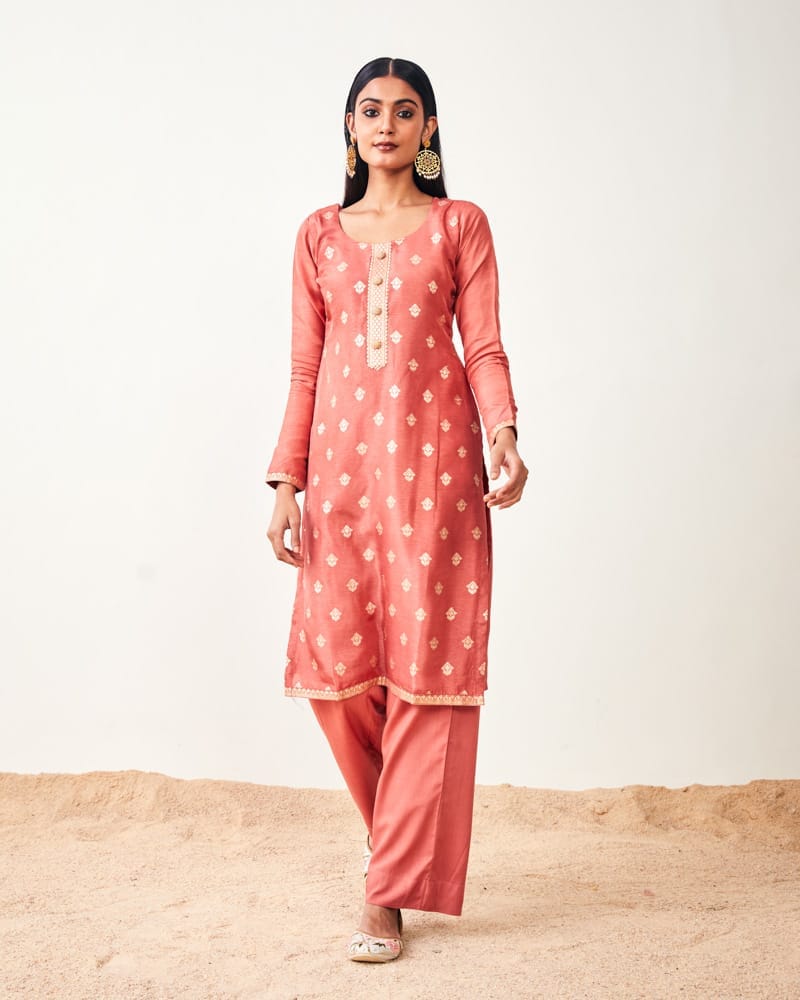 Dark Peach Dola Silk Unstitched Suit Set