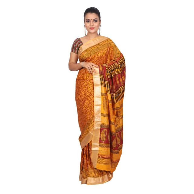 Yellow & Red Mulberry Silk Saree with Single Jaal Pattern on Pallu & Yellow  Stripes with Plain Body | iTokri आई.टोकरी