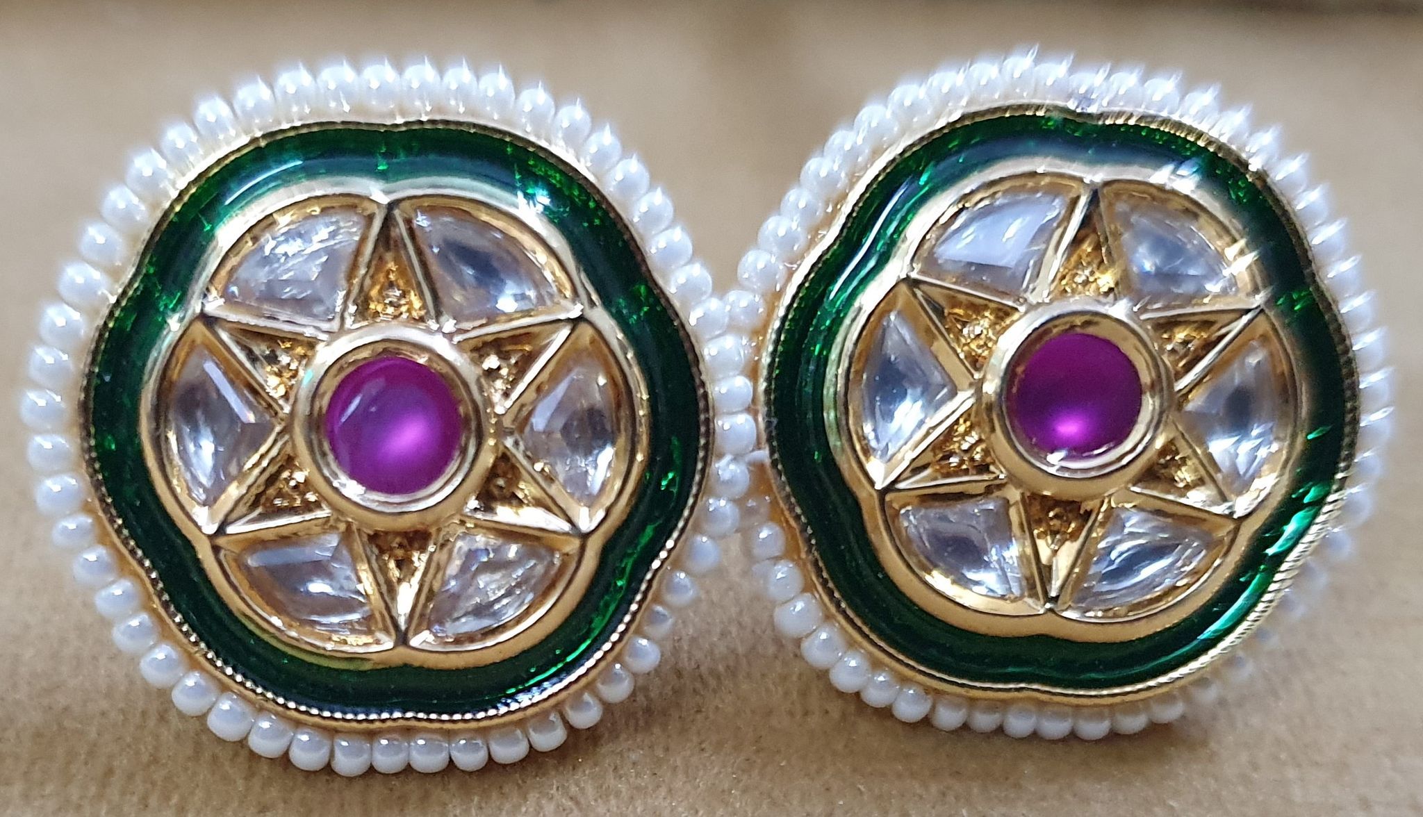 Kundan with moti work and stones beautiful Studs Earrings