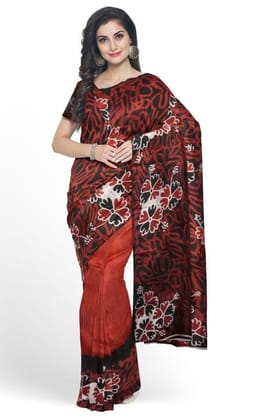 Red Mulberry Silk Hand-painted Batik Saree