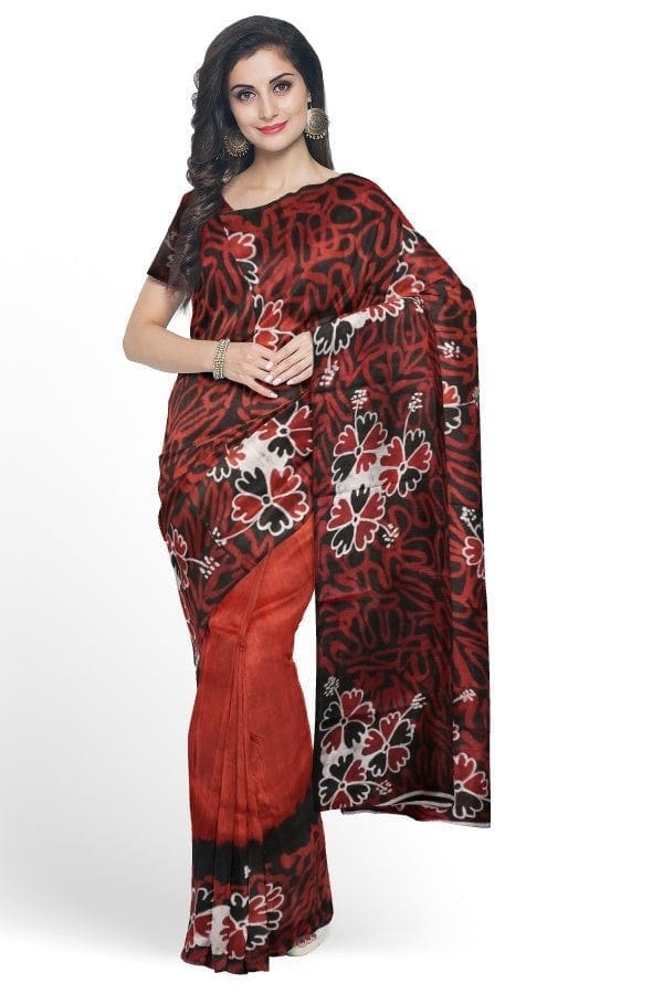 Red Mulberry Silk Hand-painted Batik Saree