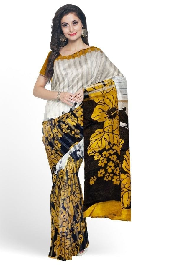 White Matka Block Printed Saree