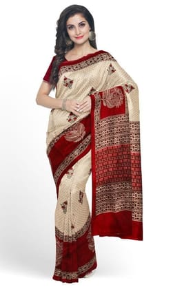 Cream Printed Silk Saree with Cut-work Embroidery