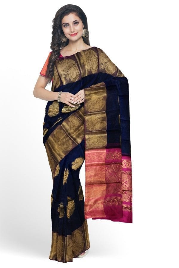 Blue Chanderi saree with Benarasi Border