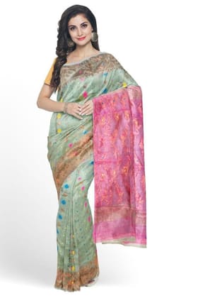 Green And Pink Resham Handloom Jamdani Saree