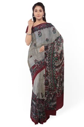 Cream And Red Tussar Silk Saree