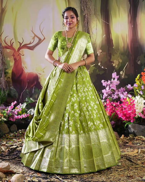 Gorgeous Parrot Green And Pink Banarasi Designer Embroidery Lehengas –  Rushini