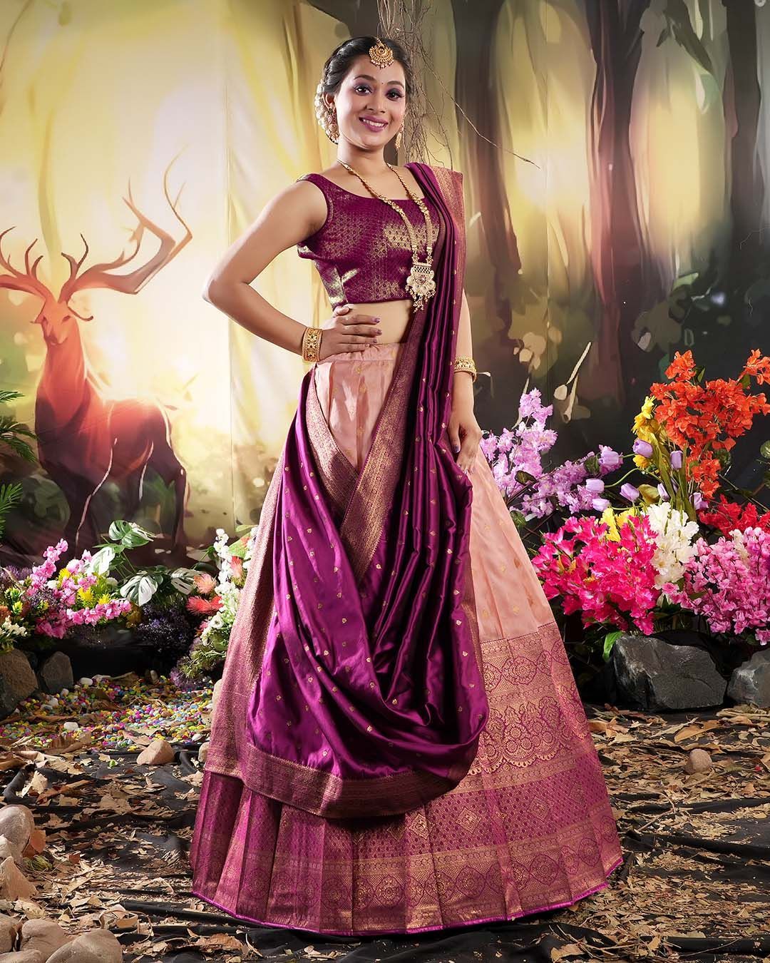 Wine Banarasi Silk Zari Woven Lehenga Choli For Women