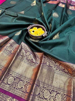 Bottle Green with Pink Color Thilagam Butta Long Border Pure Silk Saree with Unstitched Blouse