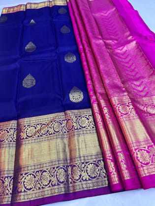 Navy Blue with pink Color Saree Has Thilagam Lotus Flower Butta with Unstitched Blouse