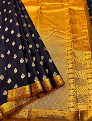 Black with Yellow Color Silk Saree Has Small Butta Design with Unstitched Blouse