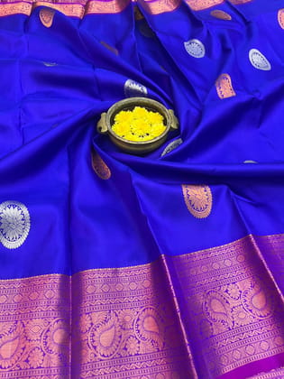 Attractive Blue Color Pure Silk Saree Has Fashionable Copper & Zari Butta Design with Unstitched Blouse