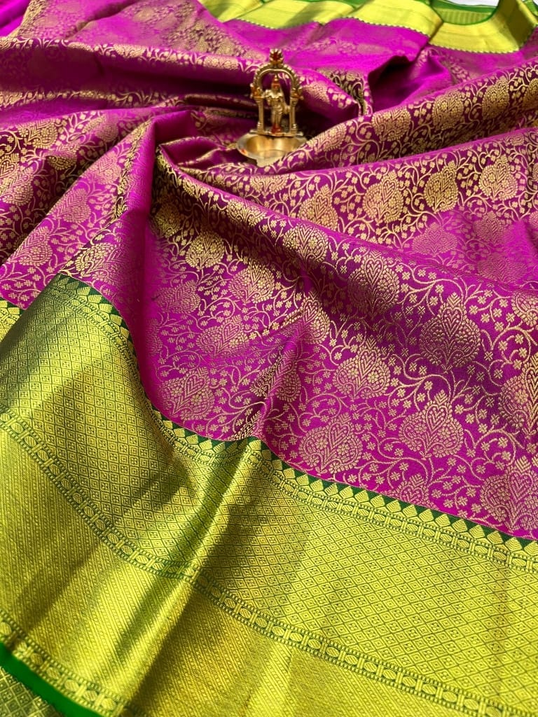 Hot Pink with Green Color Beautiful Floral Design Full Zari Woven Pure Kanjivaram Handloom Silk Saree