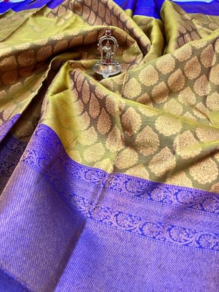 Olive Green with Blue Color Thilagam Design Long Border Full Zari Woven Pure Silk Saree