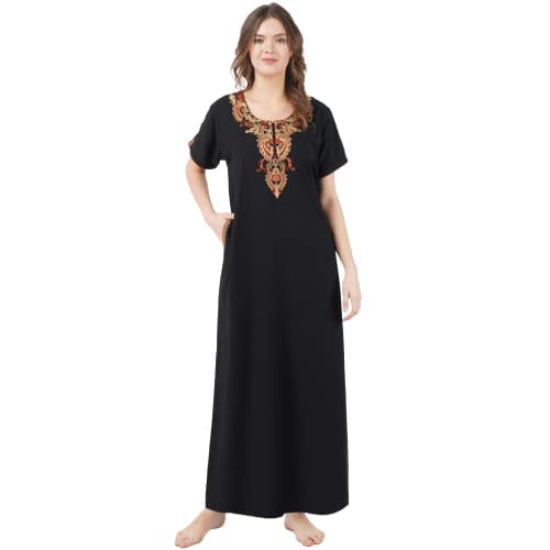 VALENCIA SLEEPWEAR lissybissy Cotton Resham Embroidery Nighty Night Gown Maxi for Women A line (KNW-68, Black, X-Large)�