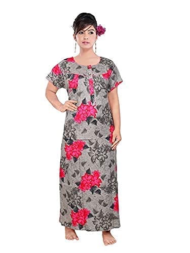 VALENCIA SLEEPWEAR Sleepwear Pure Cotton Printed Round Neck Nightgown Nighty with Pleades for Extra Comfort Grey