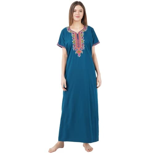 VALENCIA SLEEPWEAR lissybissy Cotton Resham Embroidery Nighty Night Gown Maxi for Women A line (XX_Large, Different Blue)