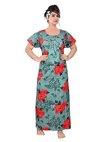 VALENCIA SLEEPWEAR Sleepwear Pure Cotton Printed Round Neck Nightgown Nighty with Pleades for Extra Comfort Green