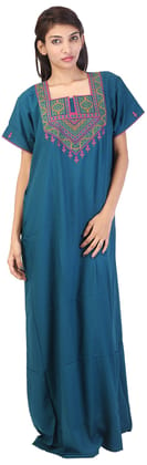 VALENCIA SLEEPWEAR lissybissy Cotton Resham Embroidery Nighty Night Gown Maxi for Women A line (Peacock Green)