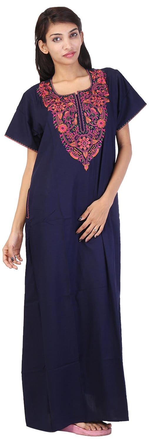 VALENCIA SLEEPWEAR lissybissy Cotton Resham Embroidery Nighty Night Gown Maxi for Women A line (KNW-48, Navy Blue, X-Large)