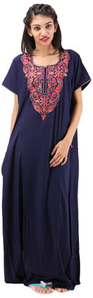 VALENCIA SLEEPWEAR lissybissy Cotton Resham Embroidery Nighty Night Gown Maxi for Women A line (Navy Blue)