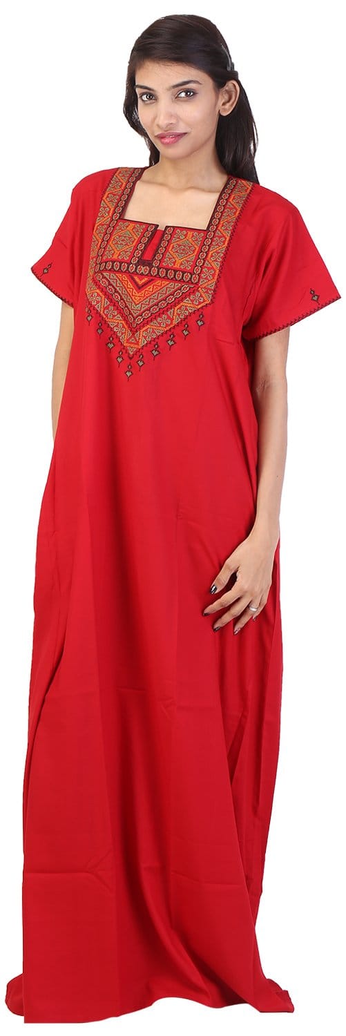 VALENCIA SLEEPWEAR lissybissy Cotton Resham Embroidery Nighty Night Gown Maxi for Women A line (KNW-44, Red, Large)