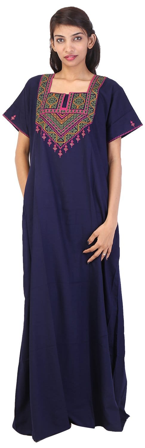 VALENCIA SLEEPWEAR lissybissy Cotton Resham Embroidery Nighty Night Gown Maxi for Women A line (KNW-45, Navy Blue, Large)