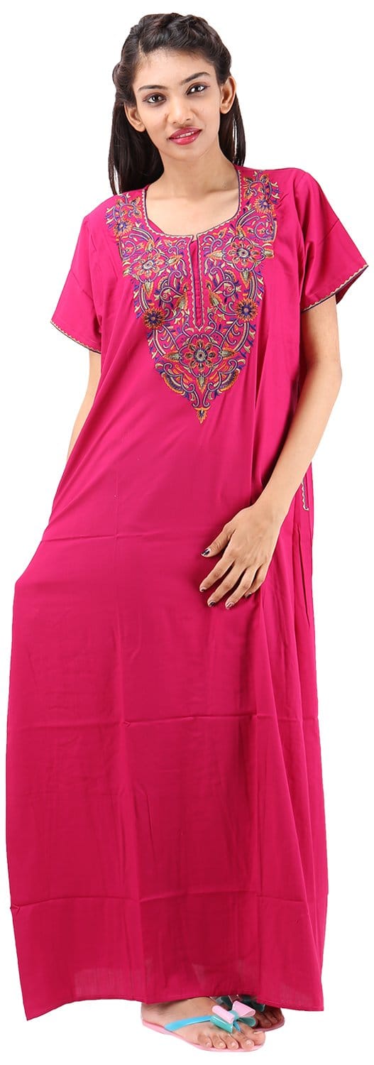 VALENCIA SLEEPWEAR lissybissy Cotton Resham Embroidery Nighty Night Gown Maxi for Women A line (Rani Pink:,Size: L)