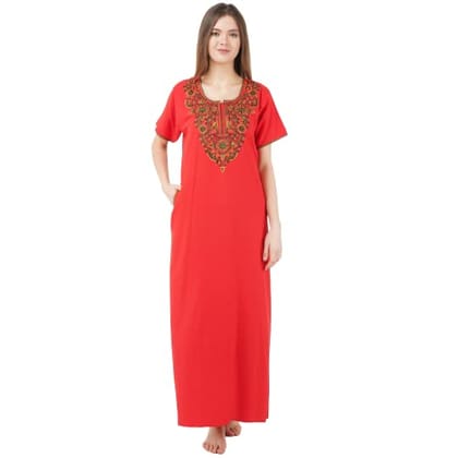 VALENCIA SLEEPWEAR lissybissy Cotton Resham Embroidery Nighty Night Gown Maxi for Women A line (KNW-63, Red, Large)